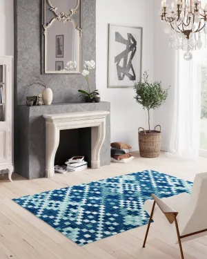 Lavender Fractals, Vintage Geometric Check Pattern Area Rug (Blue/Teal/Cream, 120 x 170cm)