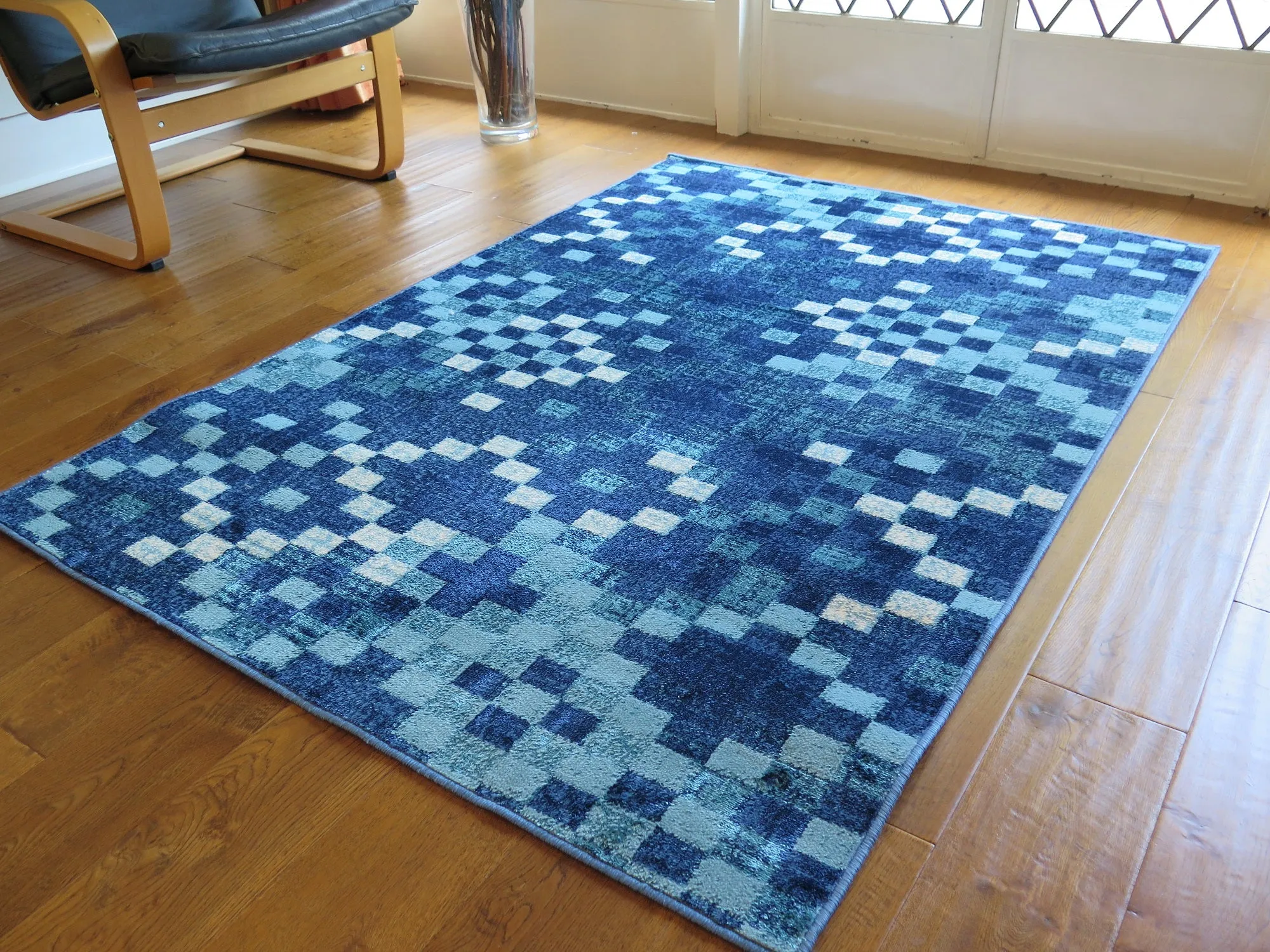 Lavender Fractals, Vintage Geometric Check Pattern Area Rug (Blue/Teal/Cream, 120 x 170cm)