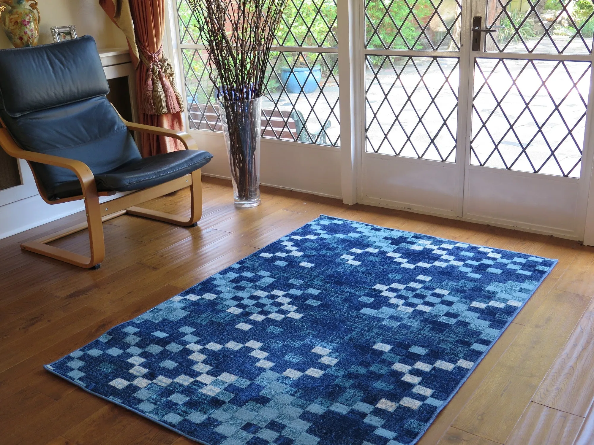 Lavender Fractals, Vintage Geometric Check Pattern Area Rug (Blue/Teal/Cream, 120 x 170cm)