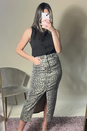 Leopard print denim midi skirt