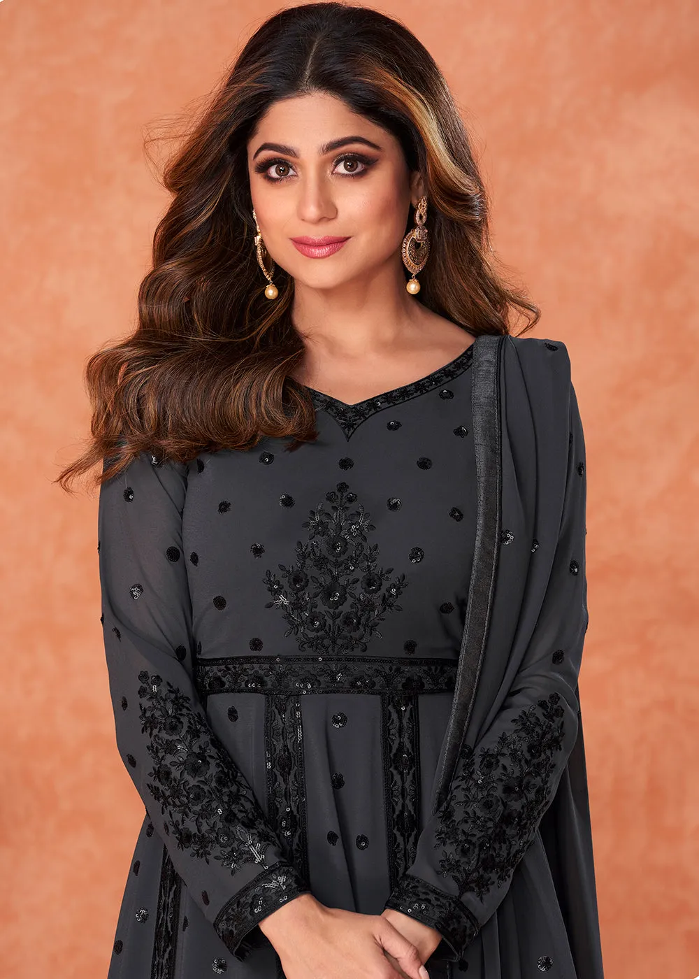 Marvelous Charcoal Black Heavy Designer Anarkali Gown