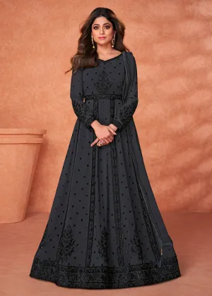 Marvelous Charcoal Black Heavy Designer Anarkali Gown