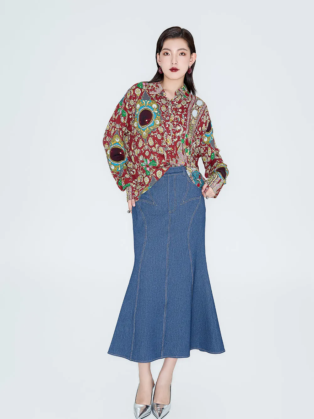 MUKZIN Linglong "Playing Fish" Vintage Fish-tail Denim Skirt