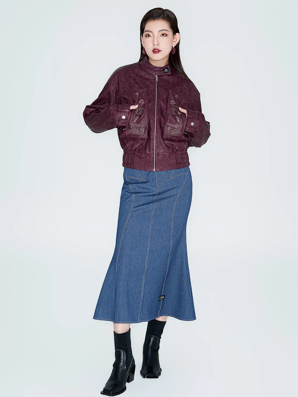 MUKZIN Linglong "Playing Fish" Vintage Fish-tail Denim Skirt