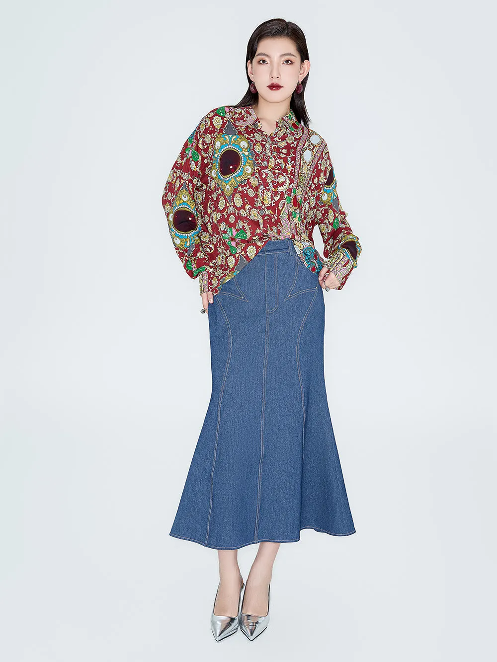 MUKZIN Linglong "Playing Fish" Vintage Fish-tail Denim Skirt