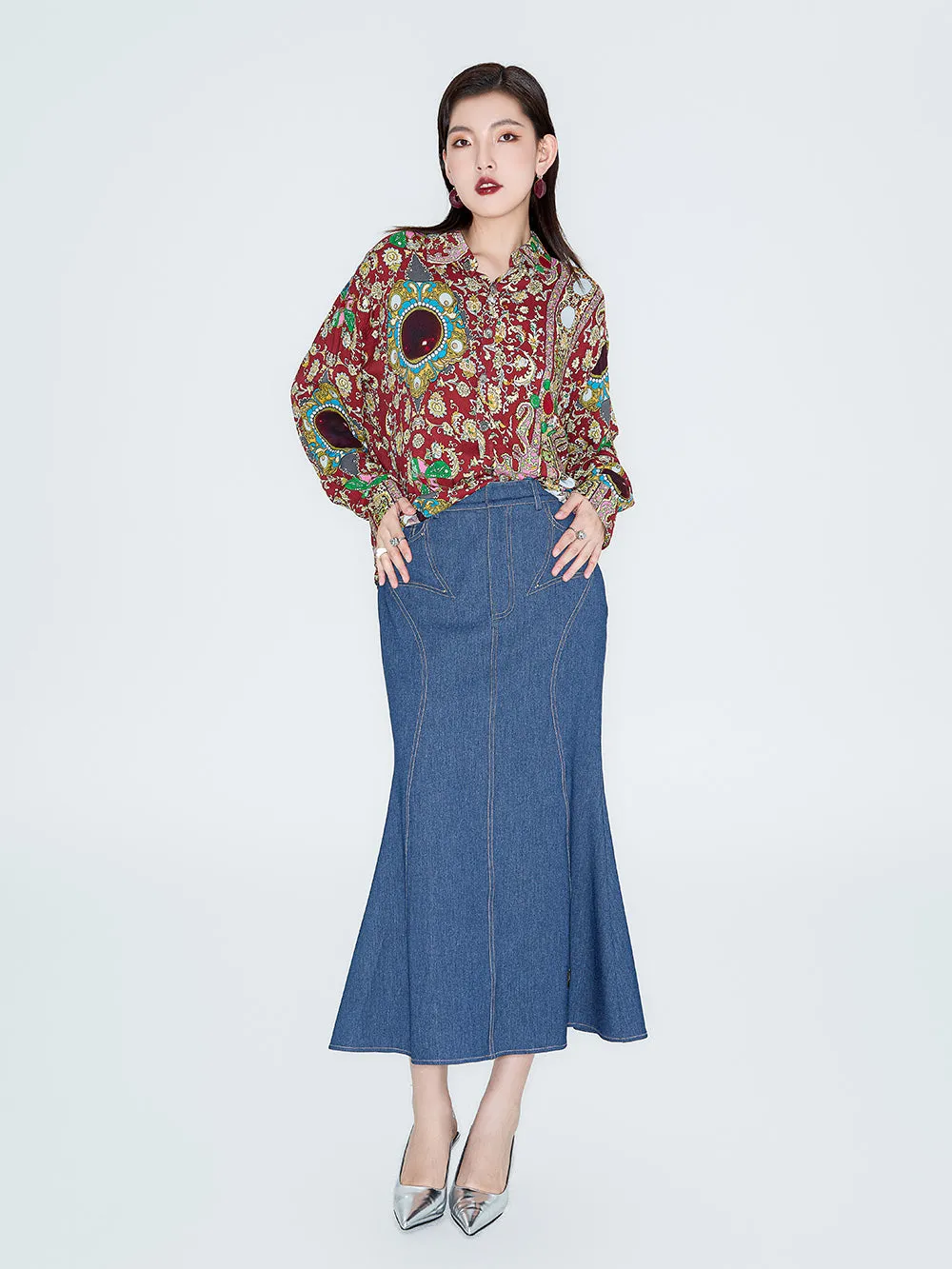 MUKZIN Linglong "Playing Fish" Vintage Fish-tail Denim Skirt