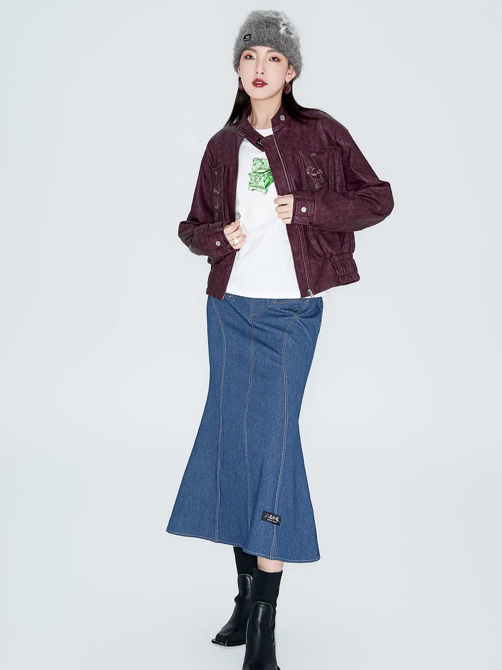 MUKZIN Linglong "Playing Fish" Vintage Fish-tail Denim Skirt