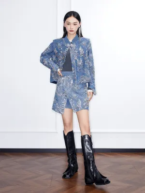 MUKZIN Linglong“Denim Series”Heavy Embellished Sequin Embroidery Asymmetrical Denim Skirt