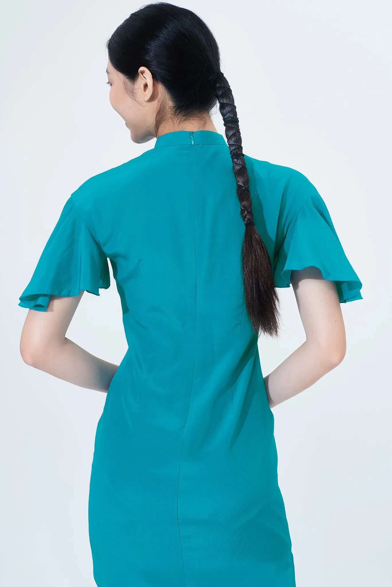 NINA Ruffled Drop Slv Silk Cheongsam (Teal)