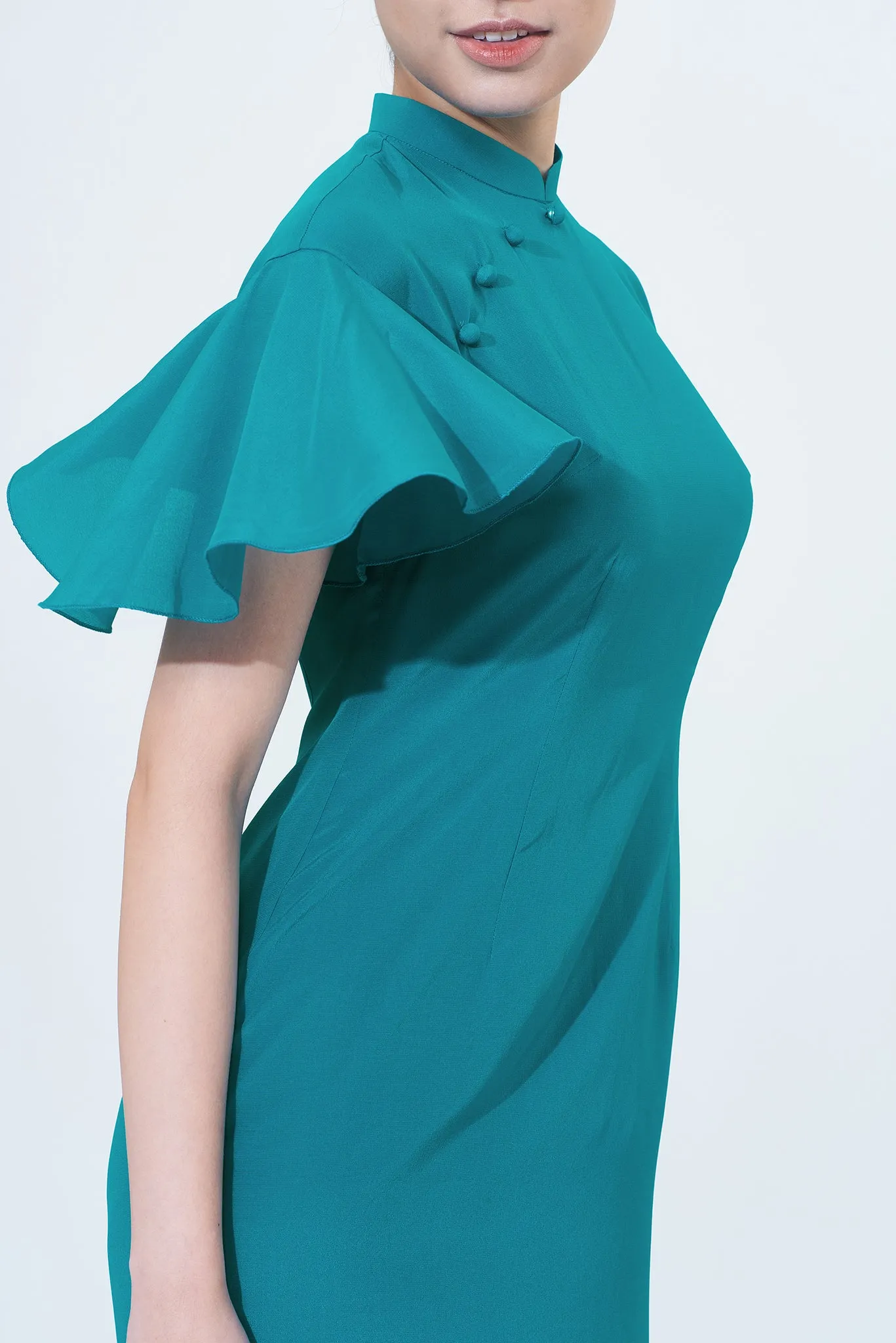 NINA Ruffled Drop Slv Silk Cheongsam (Teal)