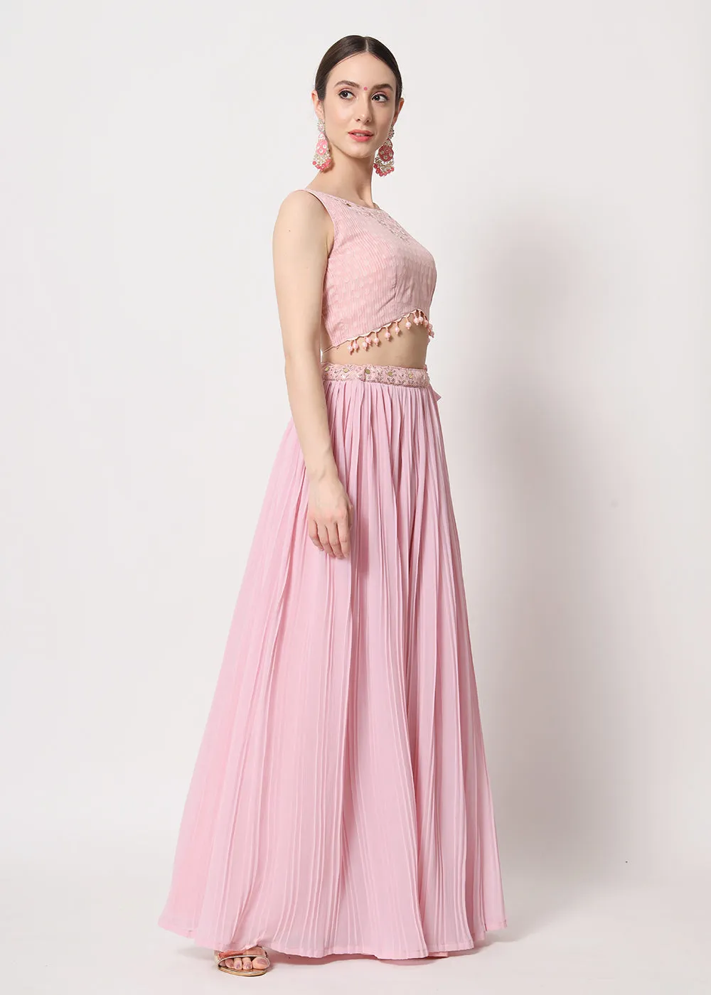 Party Wear Beauteous Pink Georgette Crushed Lehenga Choli