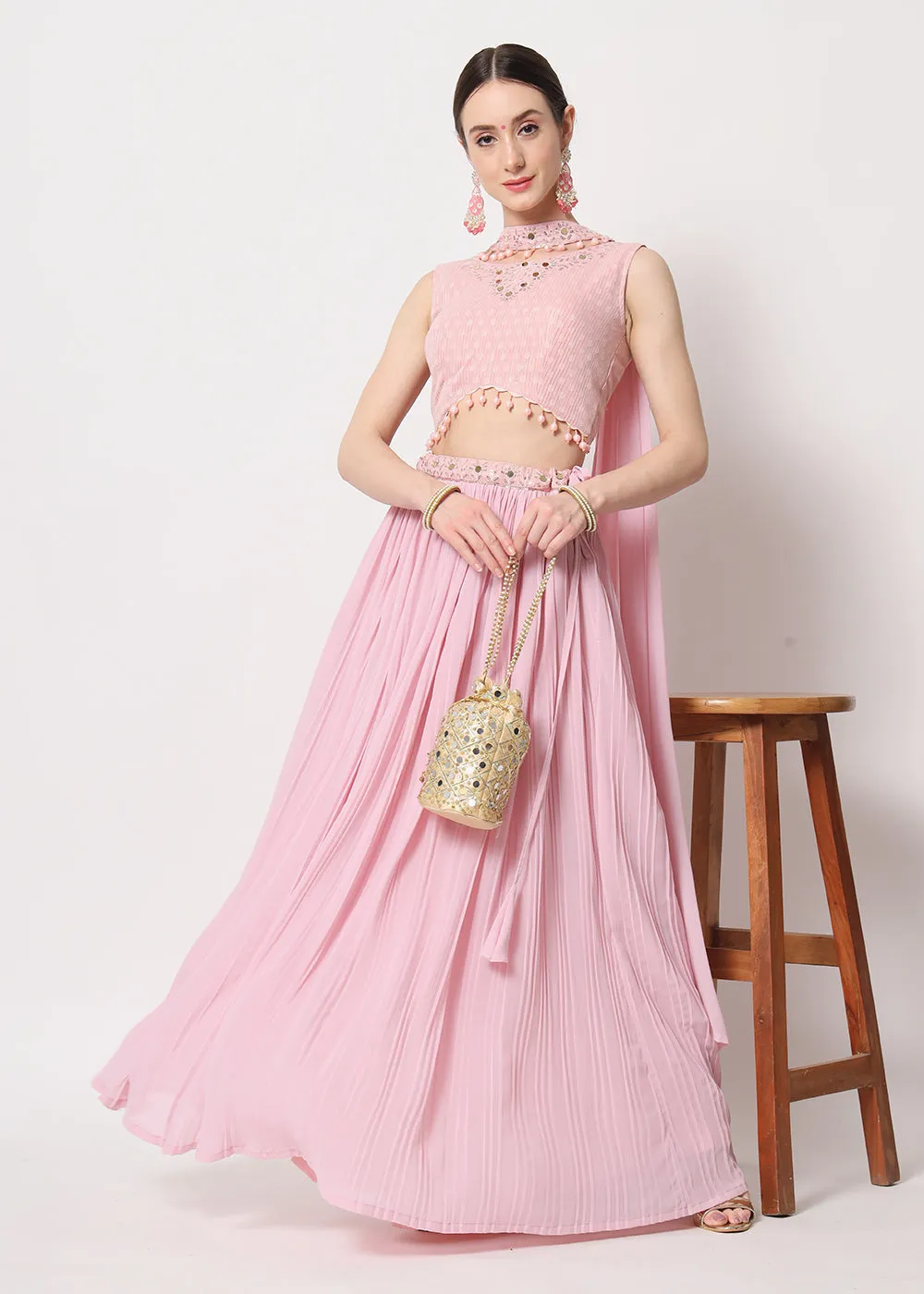 Party Wear Beauteous Pink Georgette Crushed Lehenga Choli