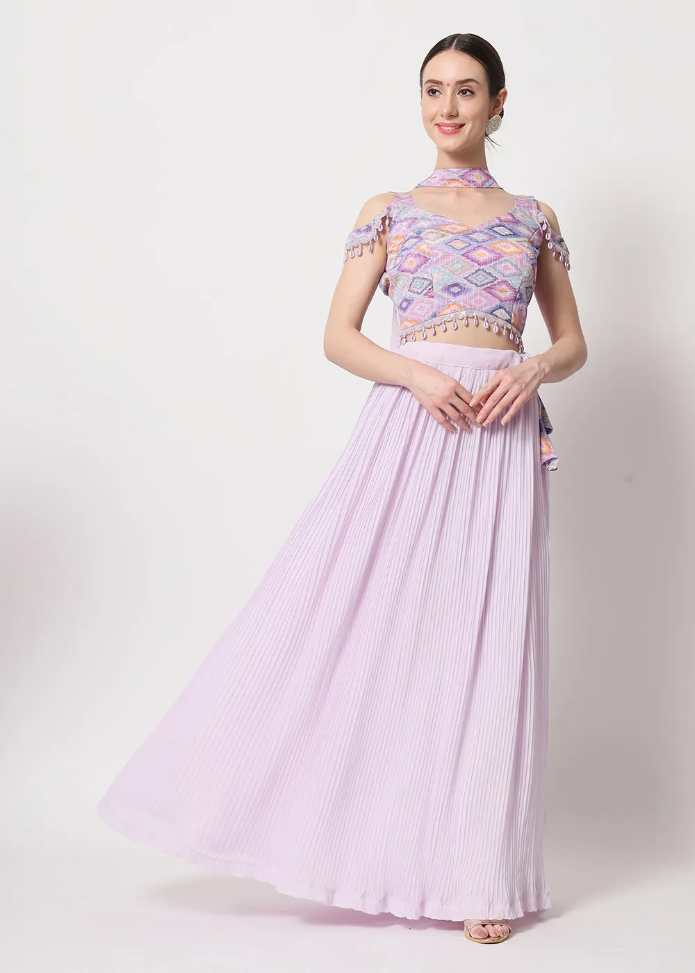 Party Wear Engaging Lavender Georgette Crushed Lehenga Choli