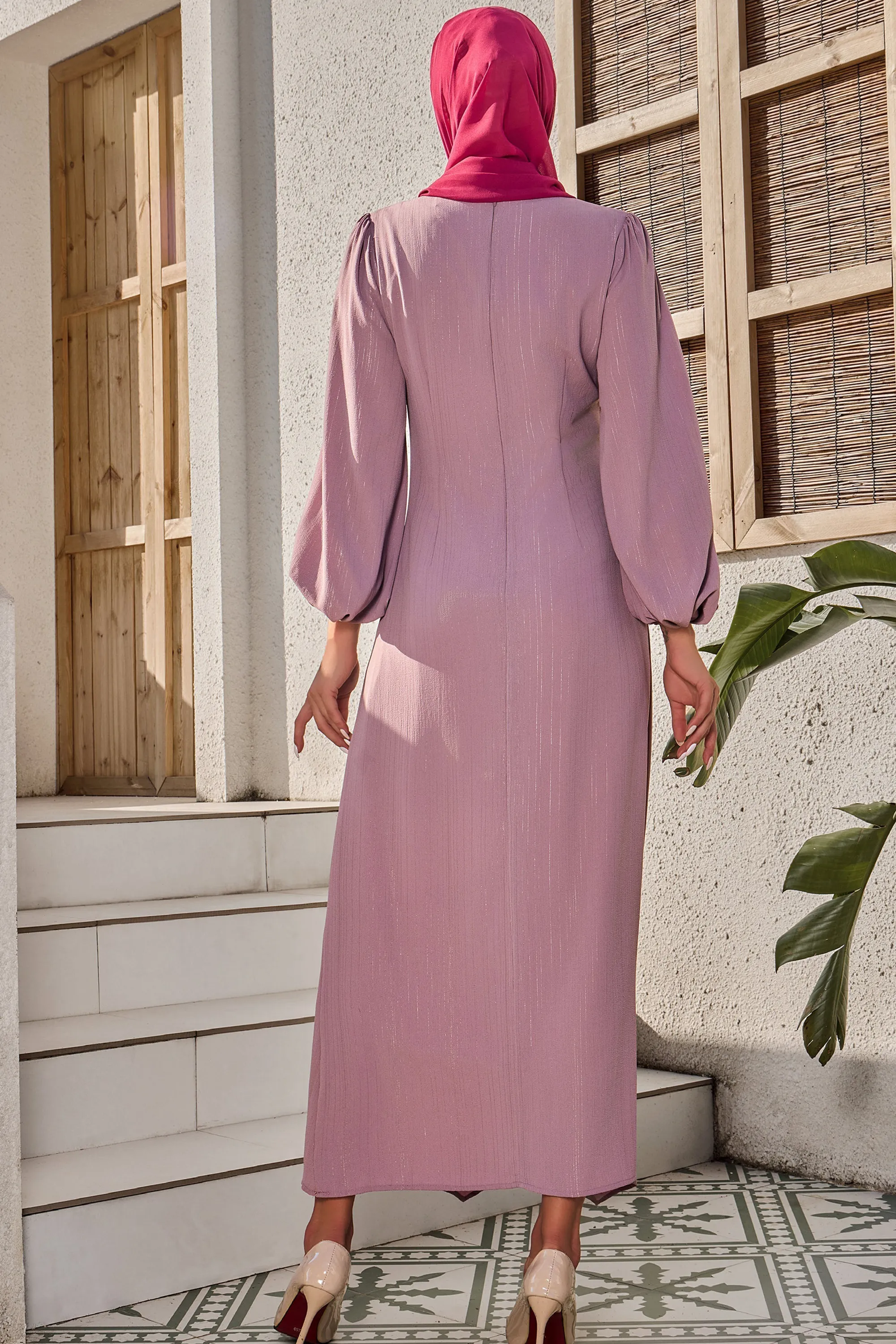 Pinky Pink Metallic Pinstripe Long Sleeve Maxi Dress