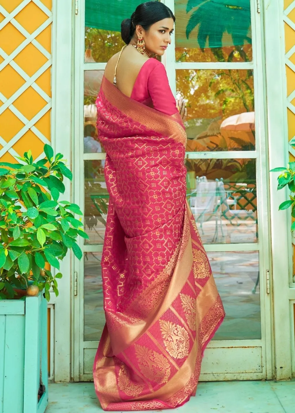 Ruby Pink Woven Banarasi Brocade Silk Saree