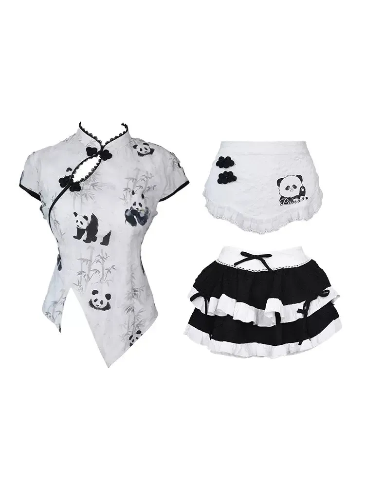 Serendipity Chinese Panda Black White Hanfu Top & Ruffle Skirt Apron Two Piece Set