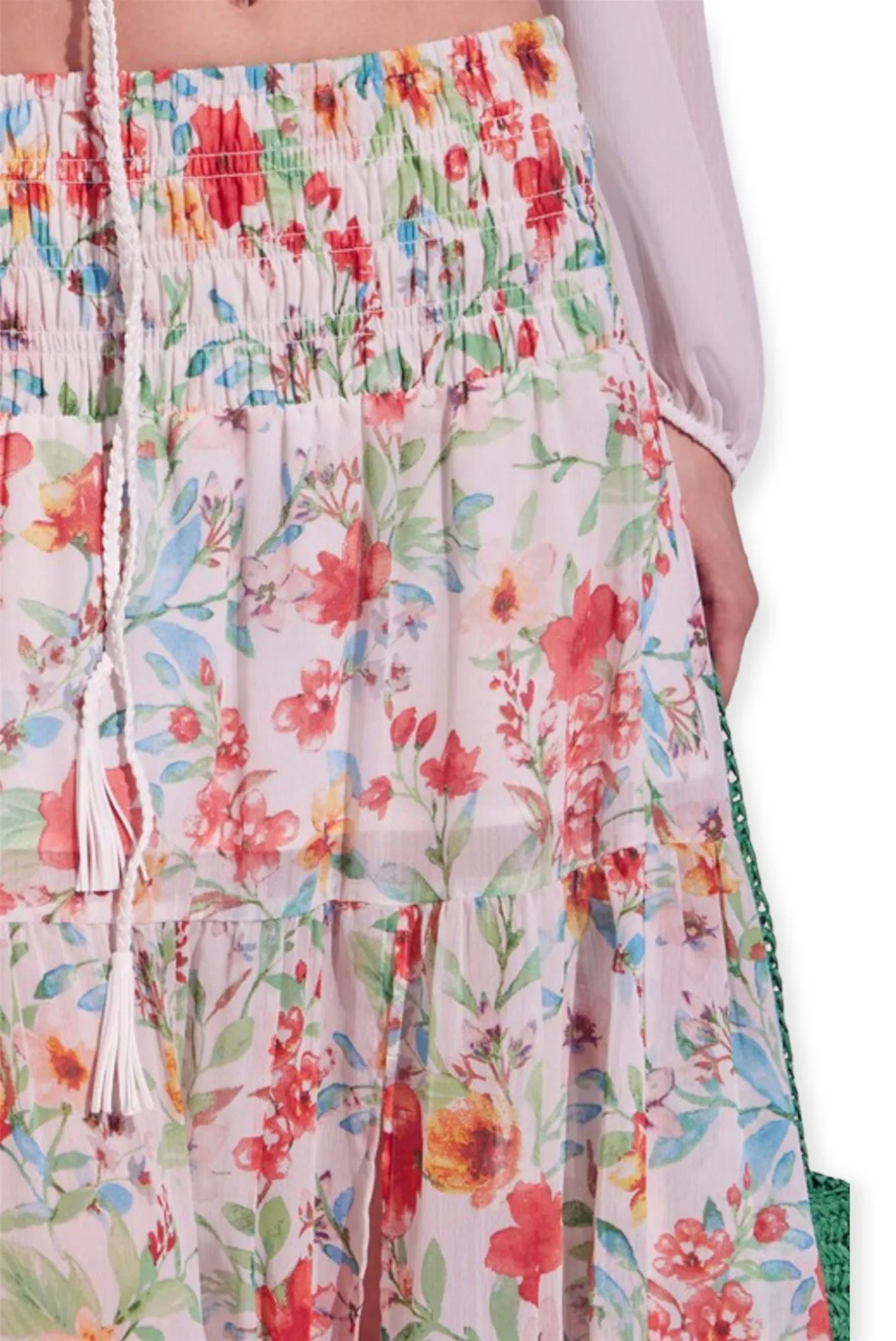 Smocked Waist Tiered Floral Chiffon Maxi Skirt