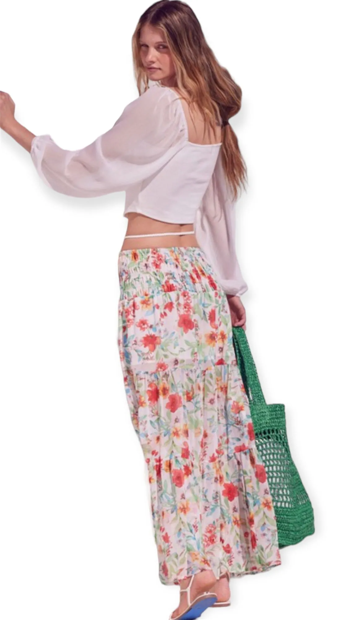 Smocked Waist Tiered Floral Chiffon Maxi Skirt