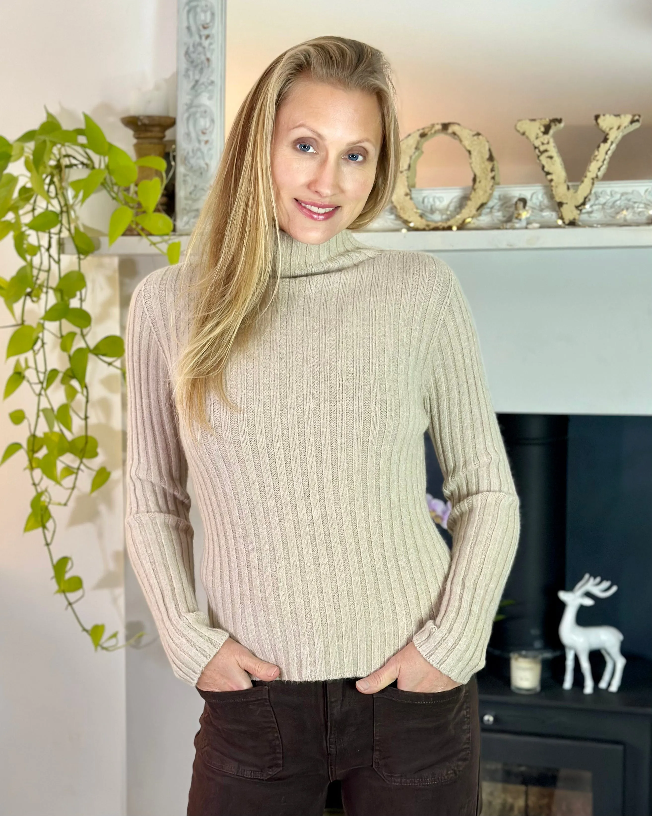 Soft Knit Turtle Neck Ribbed Jumper - Oatmeal