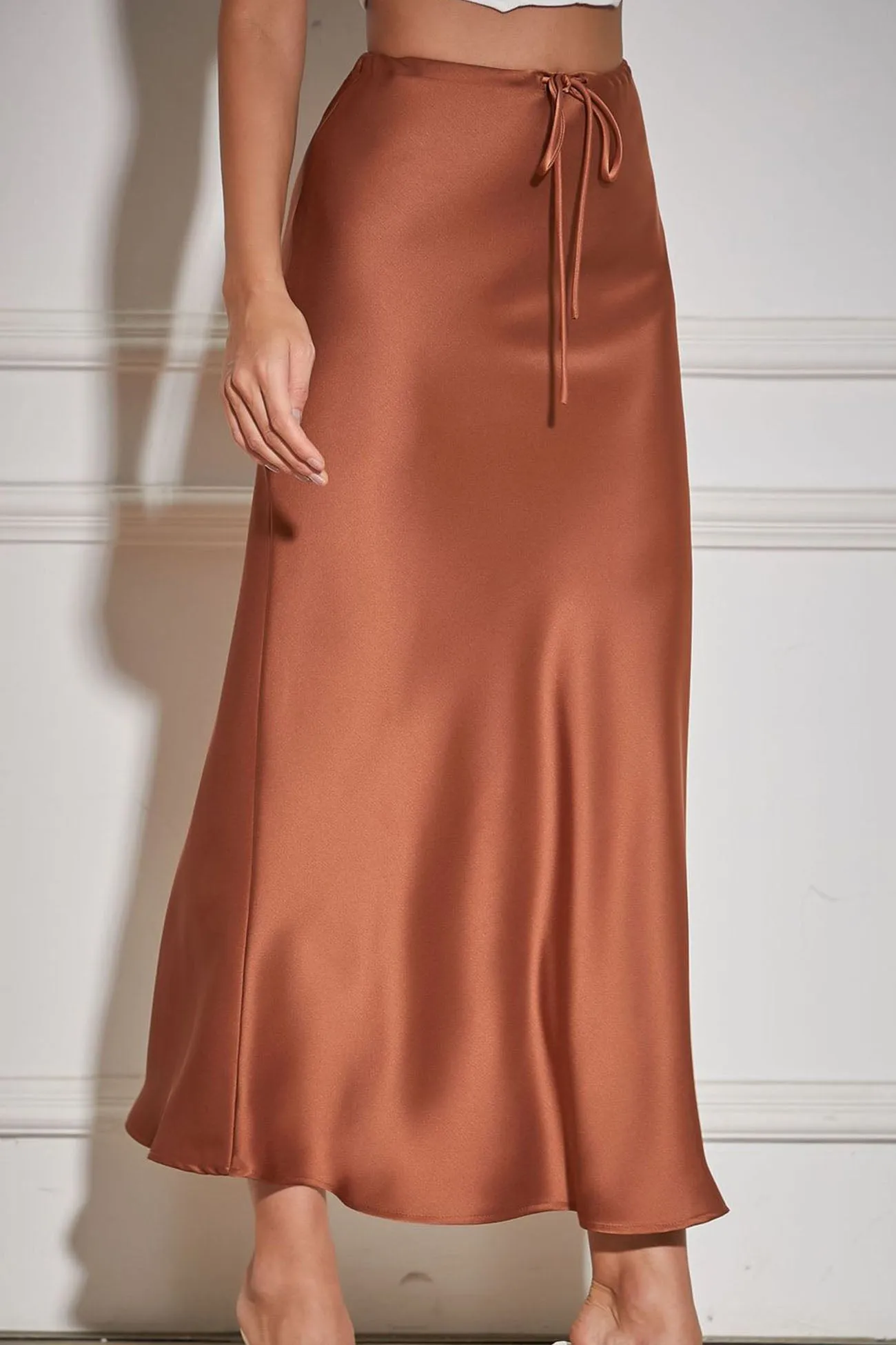 Solid Color Satin Drawstring Midi Skirt