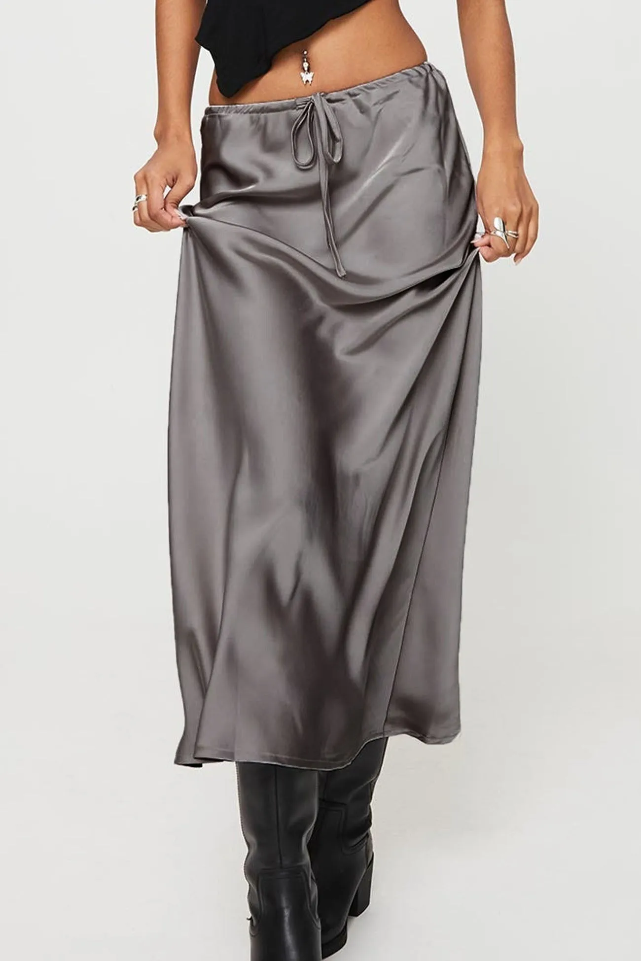 Solid Color Satin Drawstring Midi Skirt