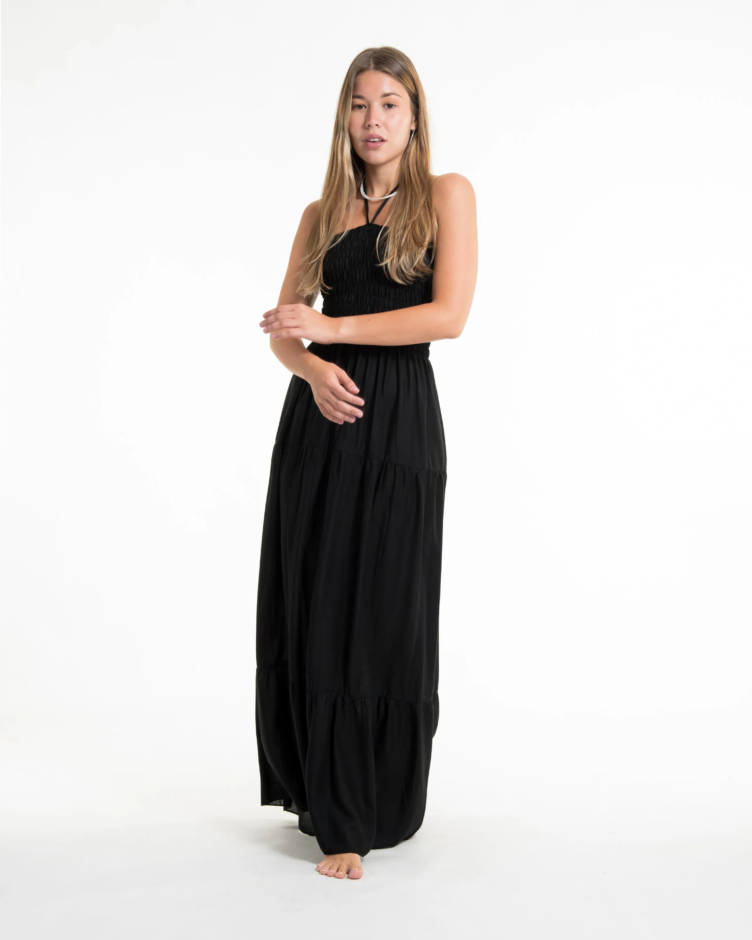 Solid Color Smocked Maxi Dress in Black