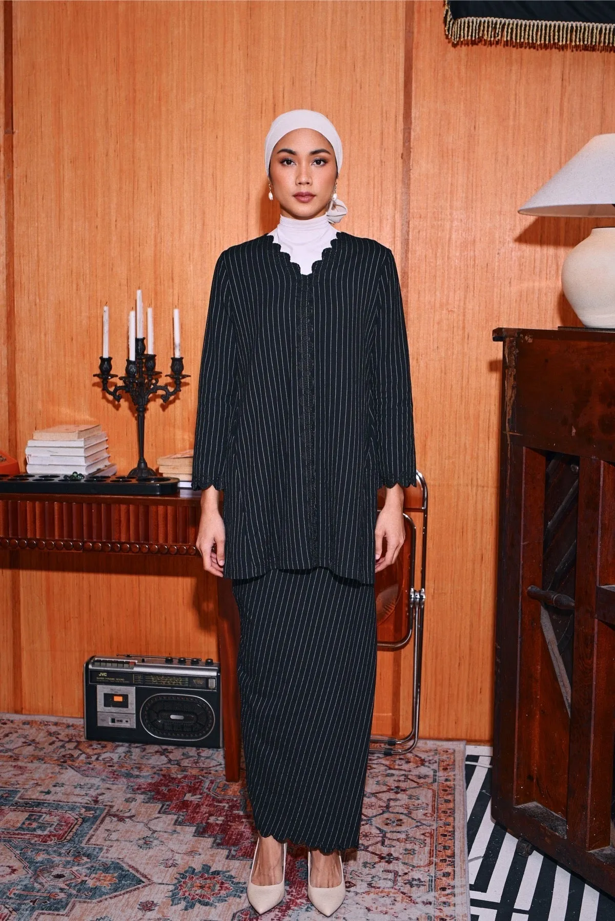 The Congkak Women Folded Skirt - Black Stripe