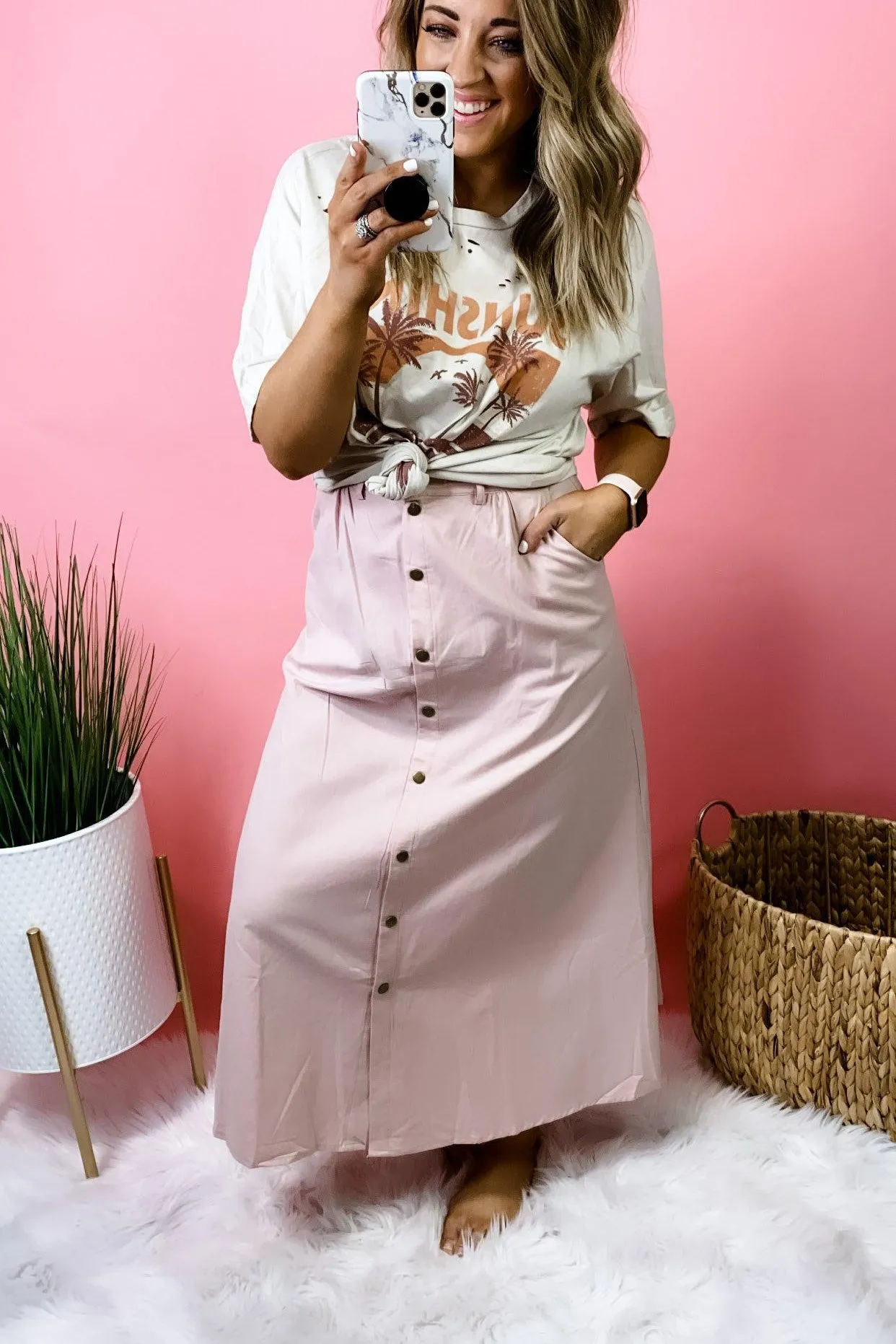 Time To Twirl- {Blush & Sand} Button Down Maxi Skirt