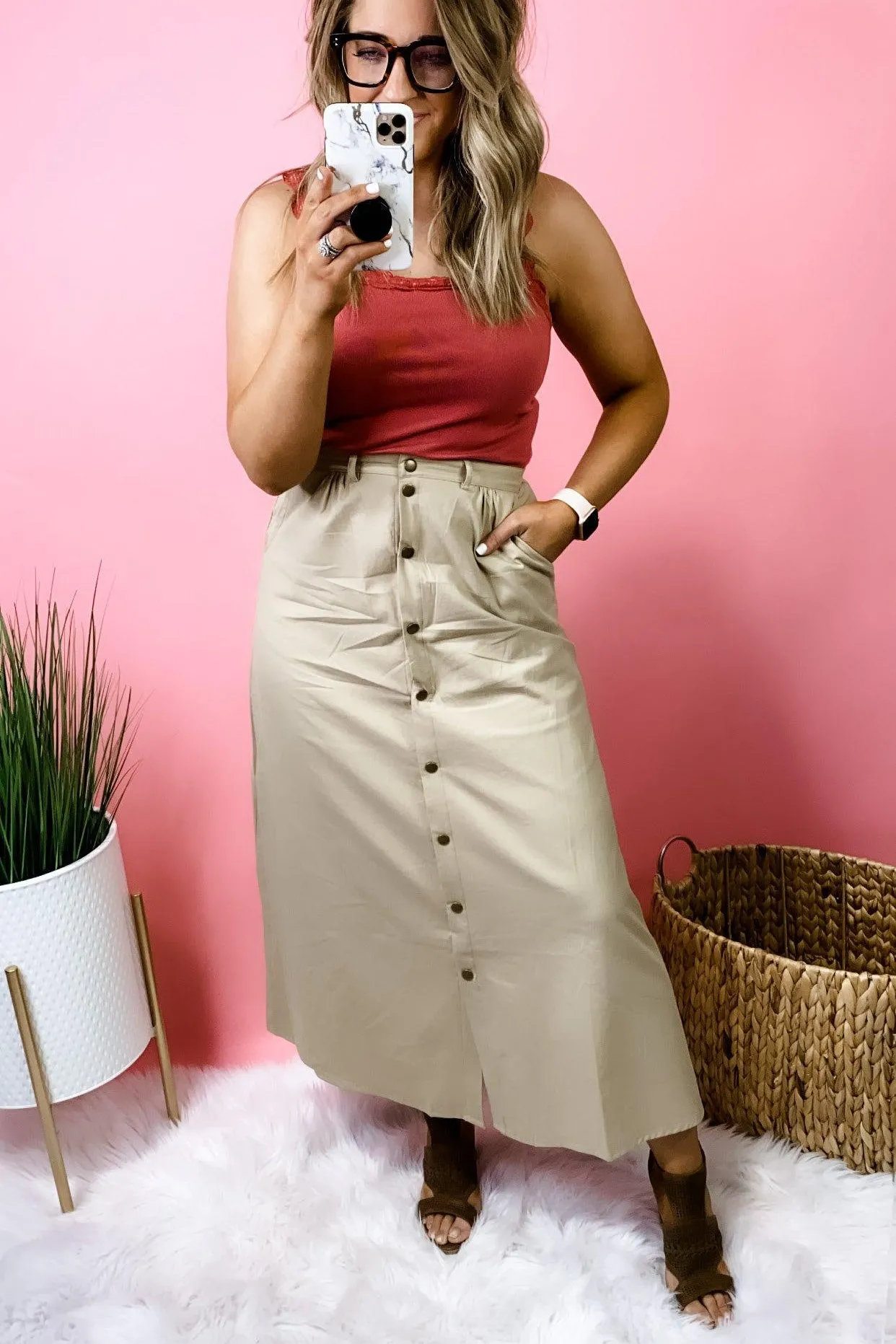 Time To Twirl- {Blush & Sand} Button Down Maxi Skirt