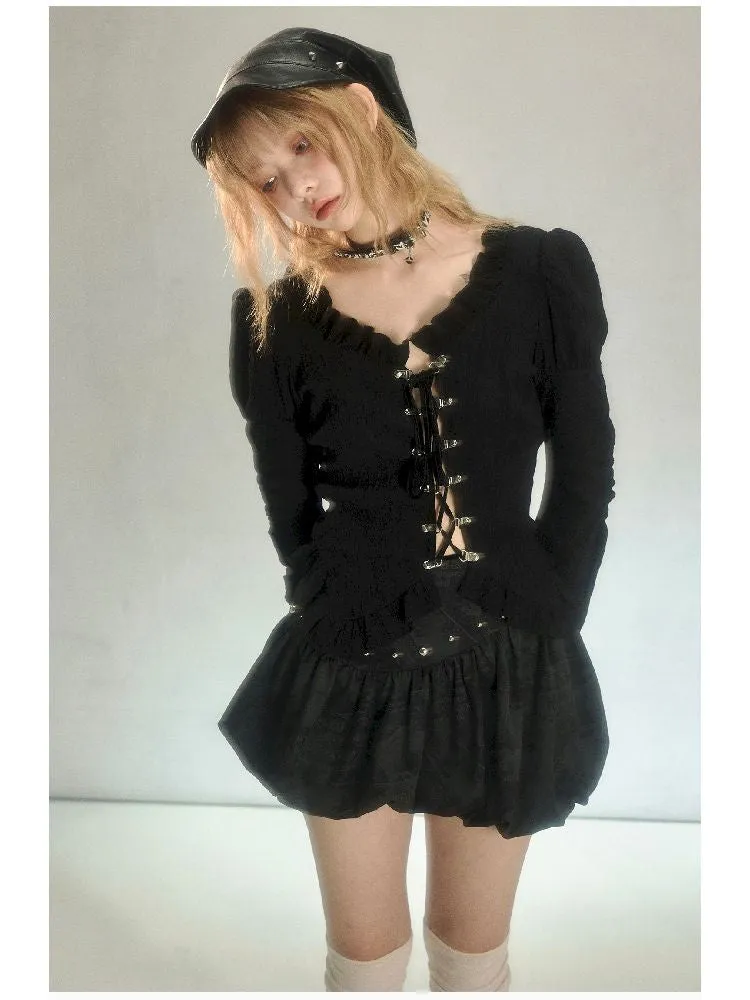 Vintage Black Printed Rivet Irregular Pod Skirt【s0000004633】