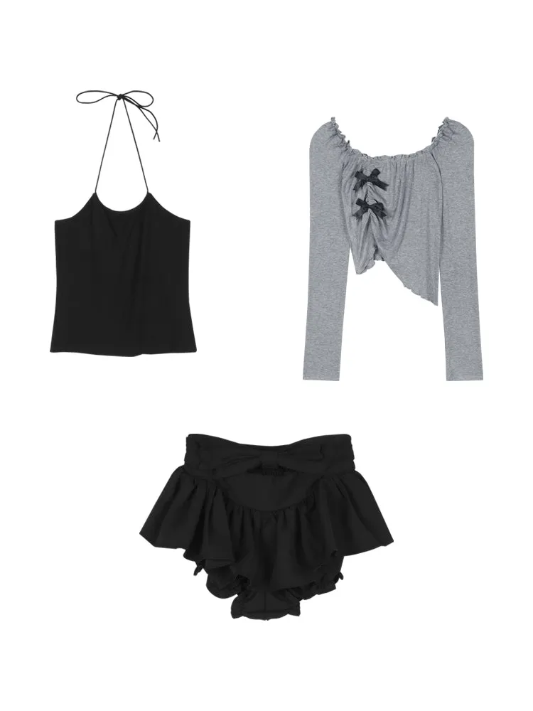 Young Eyes Gray Shirt & Black Halter Neck Tank Top & Black Ruffled Skirt Three Piece Set