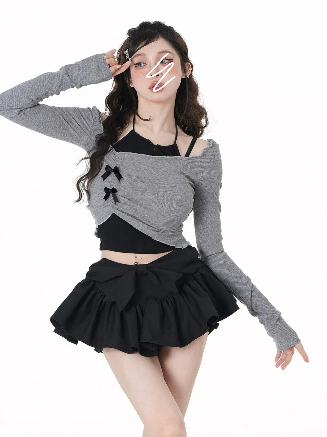 Young Eyes Gray Shirt & Black Halter Neck Tank Top & Black Ruffled Skirt Three Piece Set