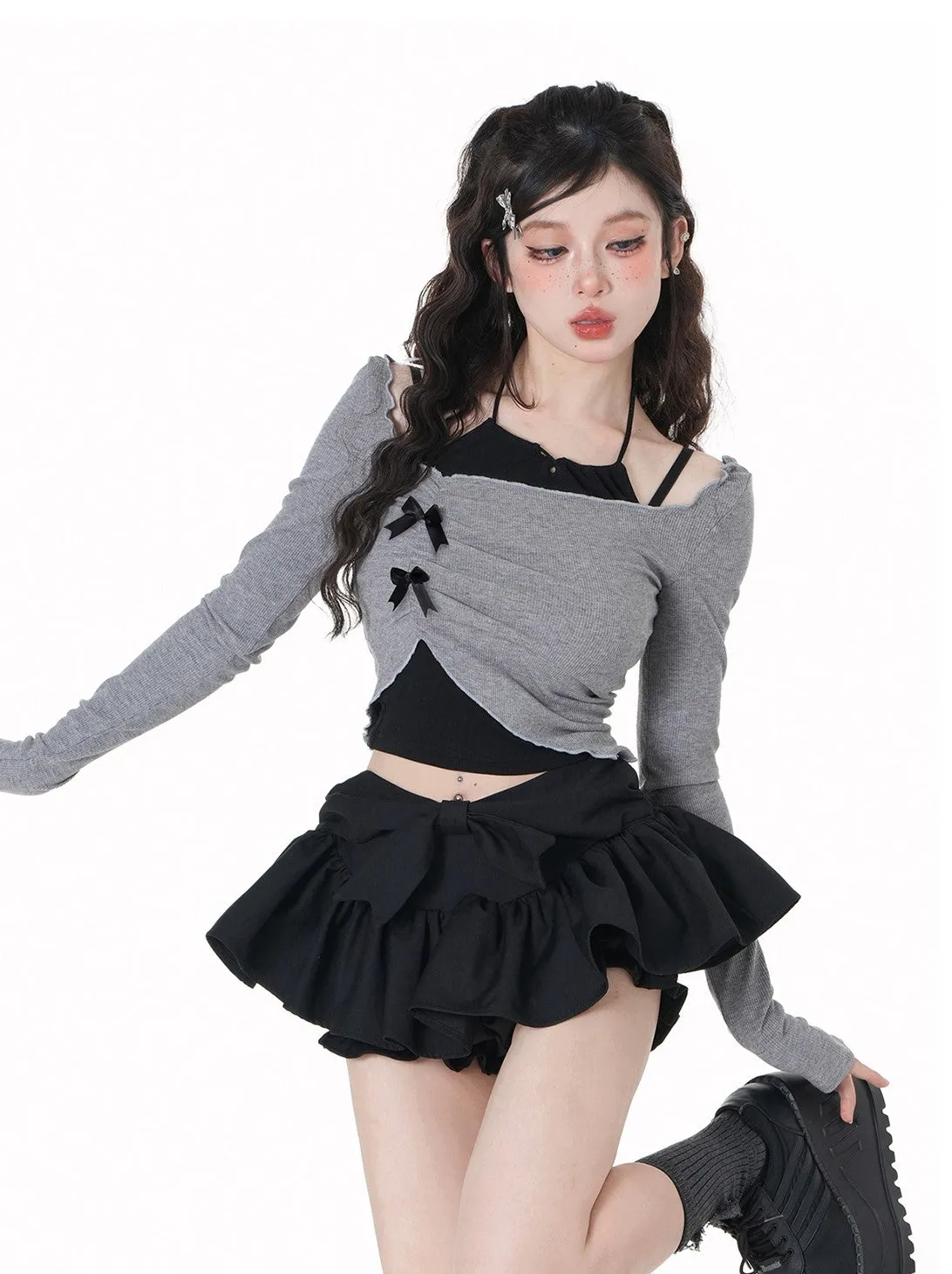 Young Eyes Gray Shirt & Black Halter Neck Tank Top & Black Ruffled Skirt Three Piece Set